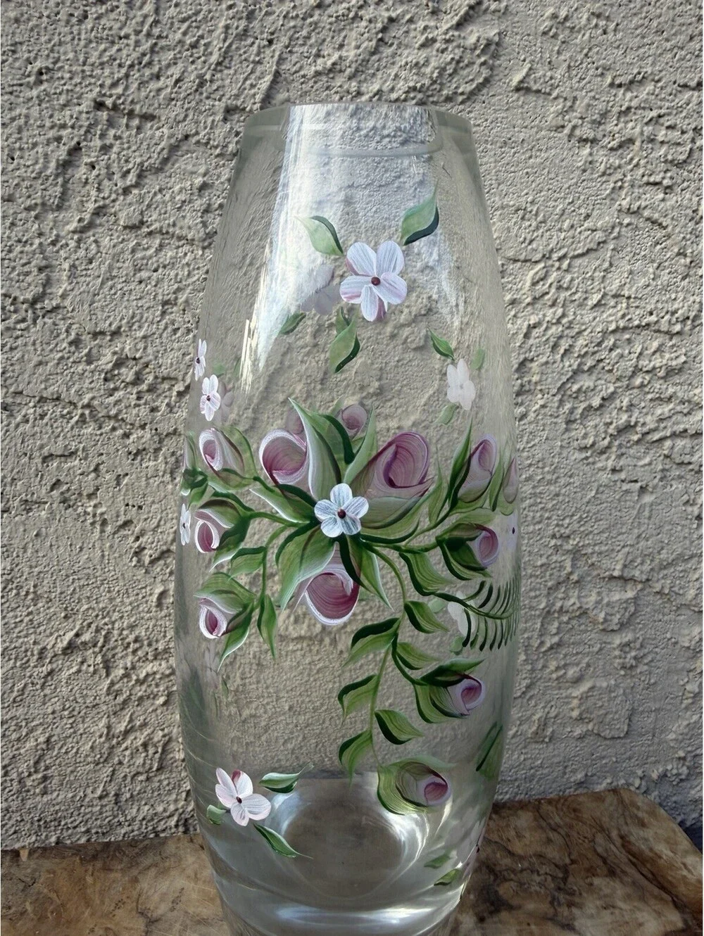 Vintage Hand Painted Glass Vase Pink Floral Flowers Art Deco Style 10 Inch